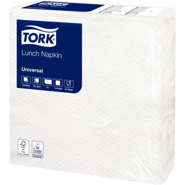 Paquet de 100 serviettes 1 pli 30x30cm blanche 509335 TORK