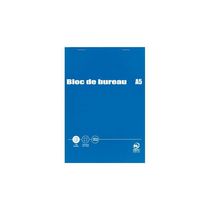 HAMELIN Bloc bureau 001 format 14,8 x 21 cm (A5) 200 pages quadrillées 5x5 60g. Agrafé en-tête