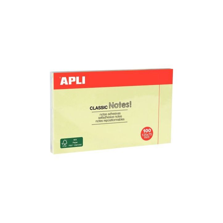 Bloc de 100 feuilles notes adhésif repositionnable, 125 x 75 mm, jaune 10976 APLI