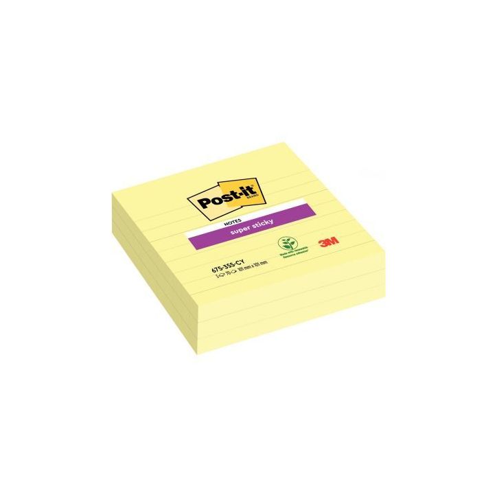Paquet de 3 blocs notes Super Sticky jaune lignées 70 feuilles, format : 101 x 101 mm BP905 POST-IT 3M