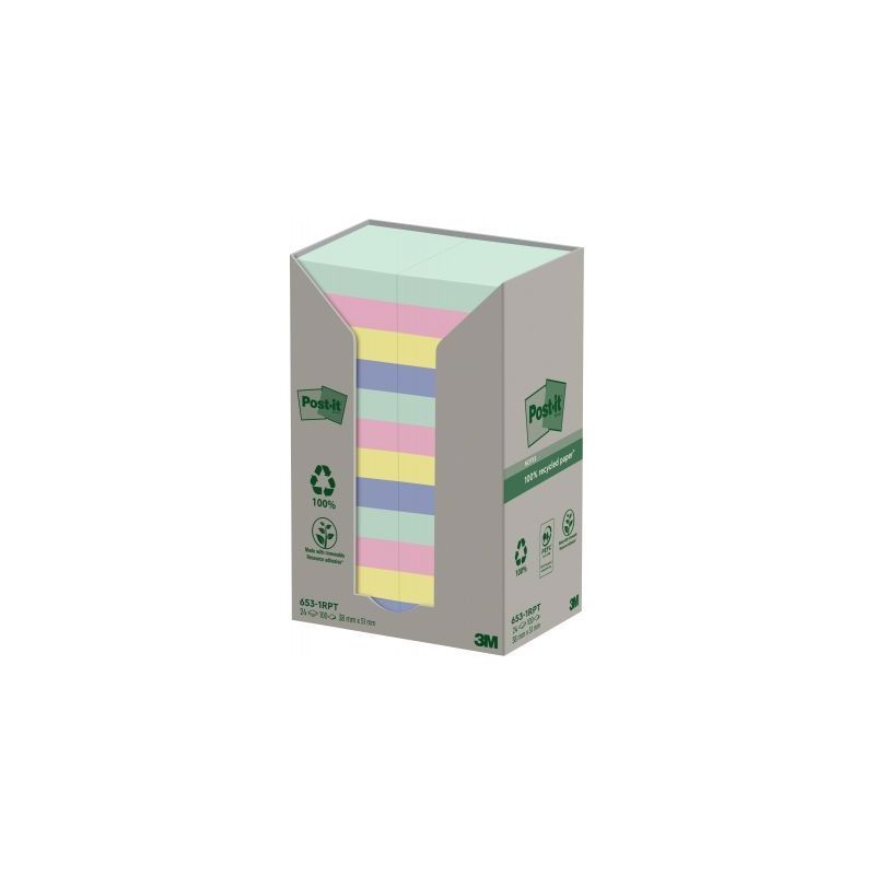 Achetez POST-IT® Notes Post-it Recyclées Nature. 38 x 51 mm. 24 blocs, 100 F. Ass : vert, rose, bl..