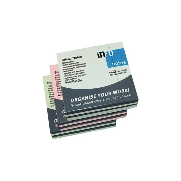 Paquet de 6 blocs repositionnables 75x75mm pastel assorti 5654-20-pk6-a