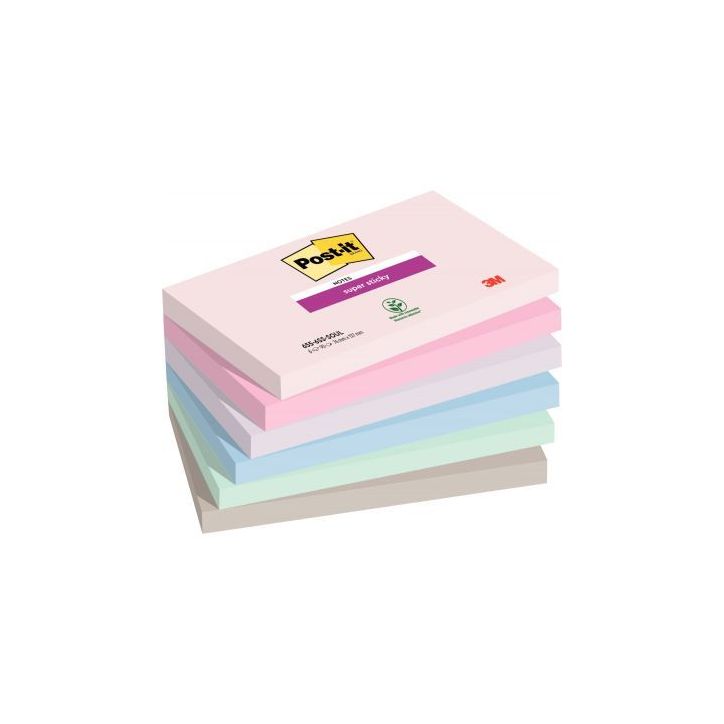 POST-IT® Notes Super Sticky Soulful. 76 x 127 mm. Lot de 6 blocs de 90 F. Ass : rose, bleu et vert.