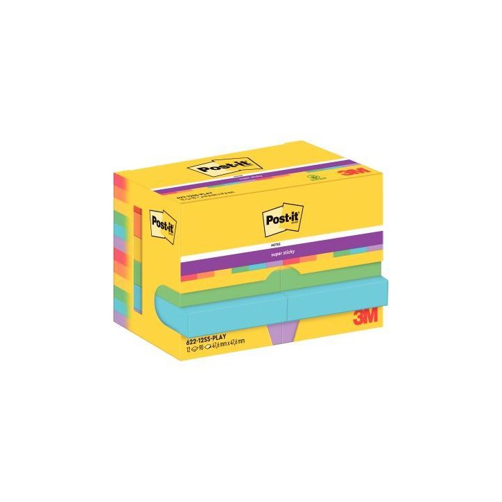 Paquet de 12 blocs notes super sticky post-it  90 feuilles  47,6x47,6mm collection playful BP1239 POST-IT 3M