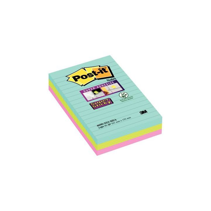 POST-IT Lot de 3 blocs Notes Super Sticky POST-IT® couleurs MIAMI 90 feuilles lignées 101 x 152 mm