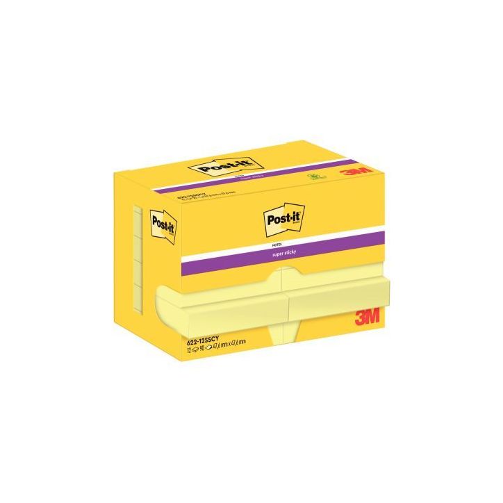 POST-IT Lot de 12 blocs repositionnables Super Sticky 90 feuilles Jaune 4,76 X 4,76 mm