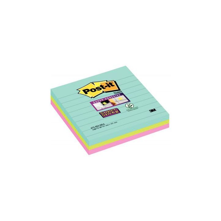 POST-IT Lots de 3 blocs Notes Super Sticky POST-IT® MIAMI 70 feuilles 101 x 101 mm