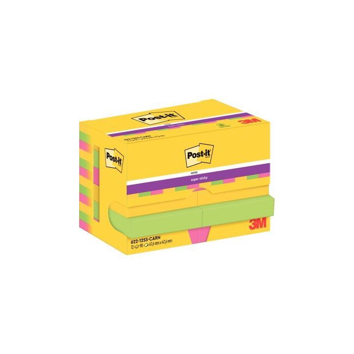 POST-IT Lot de 12 blocs Super Sticky Rio 90 feuilles 47,6x47,6mm, coloris Jaune néon, Vert néon, Fuchsia