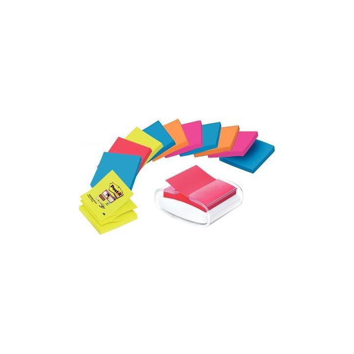 Lot de 12 blocs de 90 feuilles z-notes post-it super sticky repositionnables 76 x 76 mm couleurs assorties + d(...)