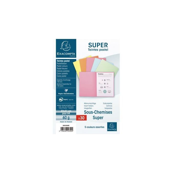 Paquet de 30 sous-chemises 60g format 22x31 cm coloris assortis 850300E SUPER EXACOMPTA
