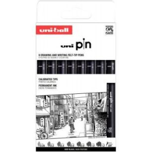 Achetez Pochette 8 feutres Uni Pin Pointes assorties plus brush noir PIN/8 PF ASP011 UNIBALL pas che..