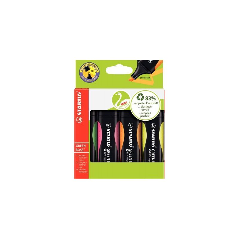 Achetez STABILO GREEN BOSS surligneur pointe biseautée - Etui de 4 surligneurs fluo - Jaune/Vert/Or..