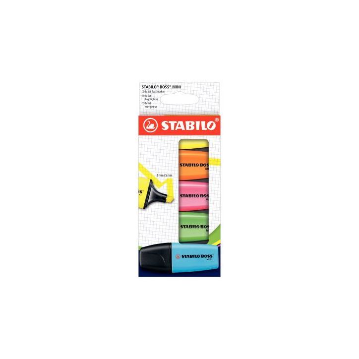 STABILO BOSS MINI surligneur pointe biseautée - Etui carton de 5 surligneurs - Coloris assortis