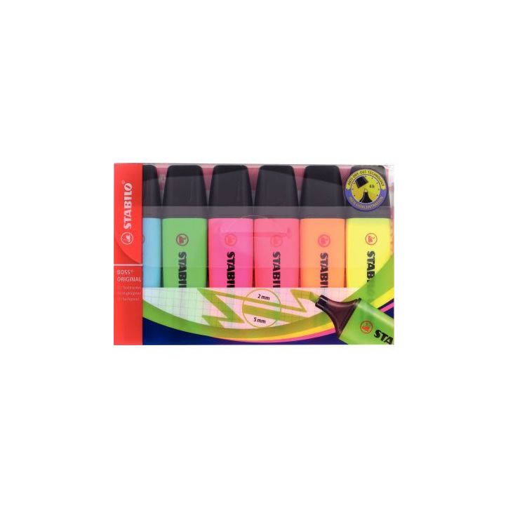 STABILO BOSS ORIGINAL surligneur pointe biseautée - Pochette de 6 surligneurs fluo - Coloris assortis