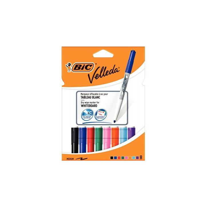 BIC Velleda 1741 Feutres pour Tableau Blanc Effaçables à  Sec, Pte Conique Moy - Assortis, Etui Cartn de 8