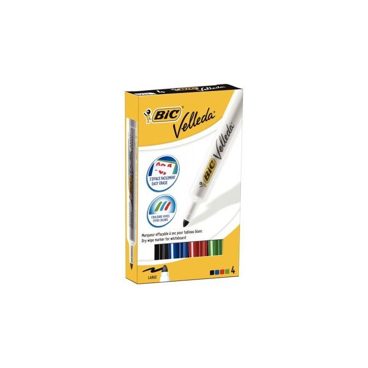 BIC Velleda Feutres pour Tableau Blanc Effaçables à  Sec à  Pointe Conique Moyenne - Couleurs Assorties x4