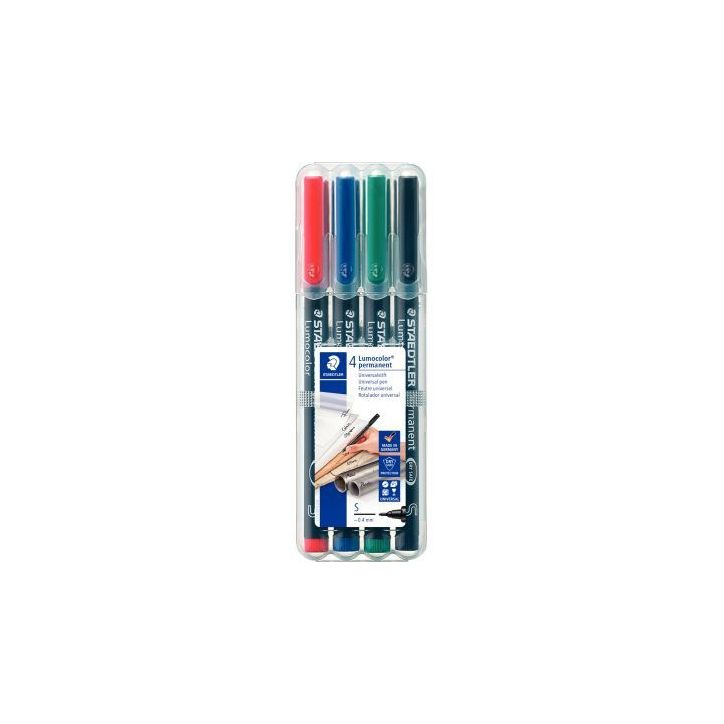 STAEDTLER Pochette de 4 feutres multi-usages LUMOCOLOR Encre permanente assortis. Pointe superfine 0,4mm