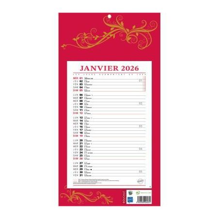 Achetez Calendrier mensuel 12 feuilles 36x19cm rouge PAP409R pas cher sur Ma Rentrée Scolaire