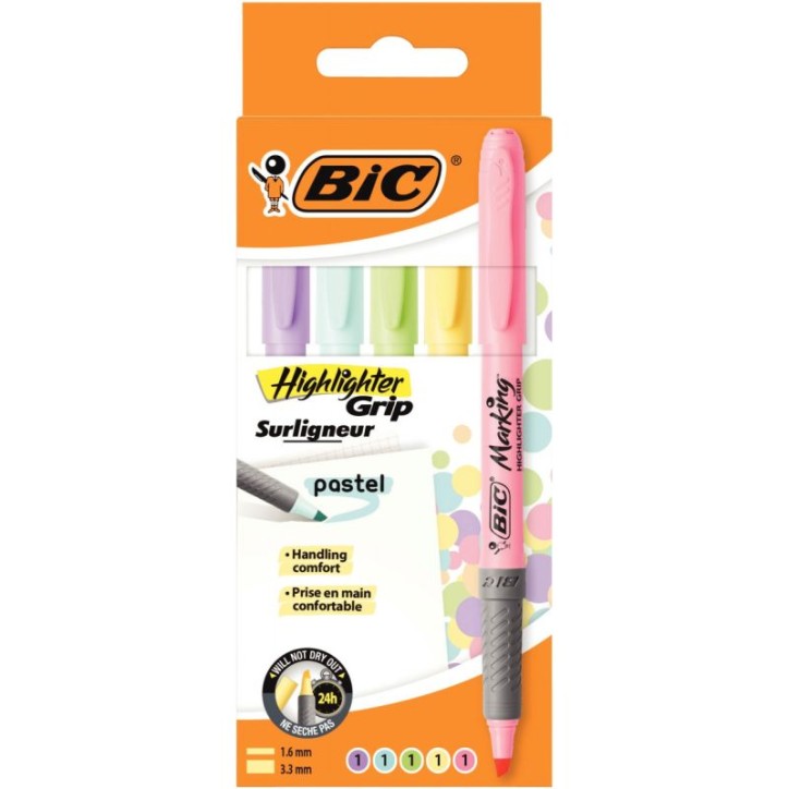 BIC Highlighter Grip Surligneurs Pointe Biseautée - Couleurs Pastel Assorties, Etui Carton de 5