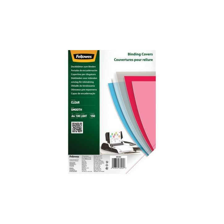 Paquet de 100 couvertures PET lisse incolore épaisseur 15/100ème format A4 5384501 FELLOWES