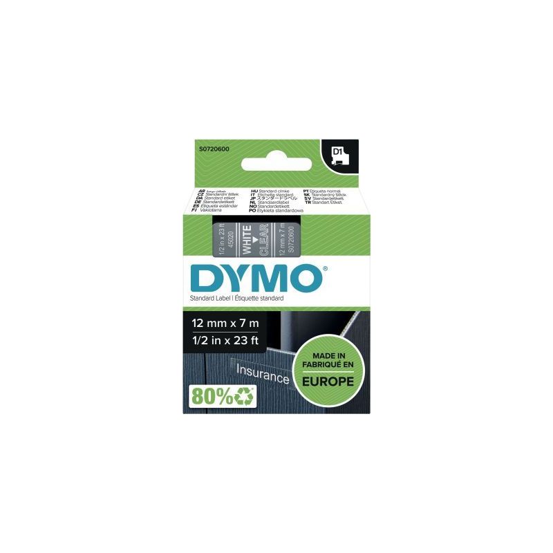 Achetez Recharge Dymo D1 12mm x 7m blanc sur transparent S0720600 DYMO pas cher sur Ma Rentrée Scol..