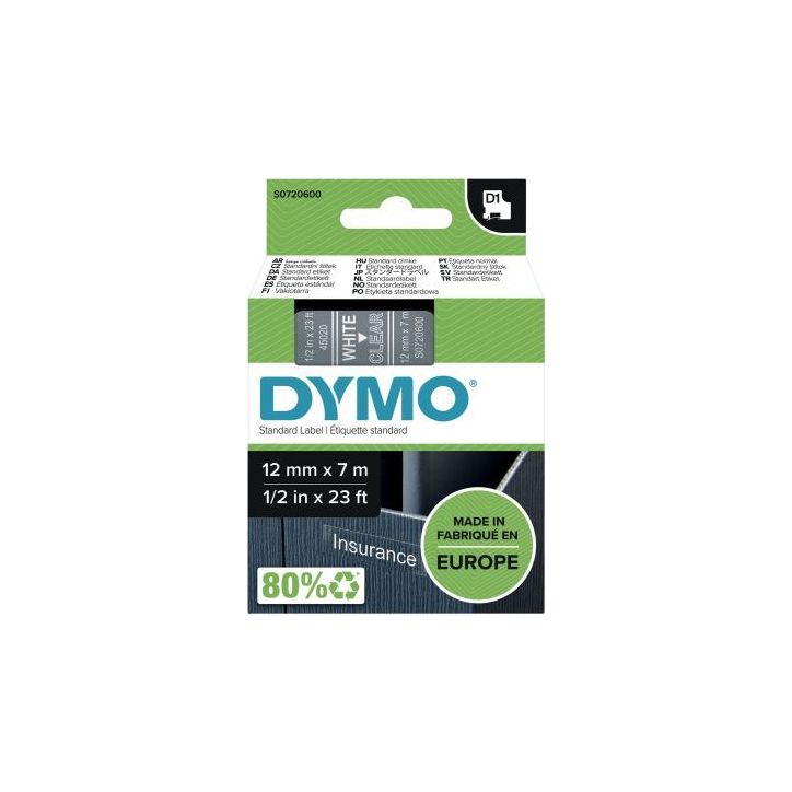 Recharge Dymo D1 12mm x 7m blanc sur transparent S0720600 DYMO