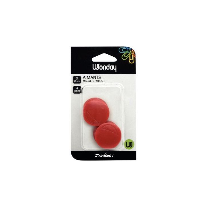 Blister 4 aimants 30 mm ronds rouge