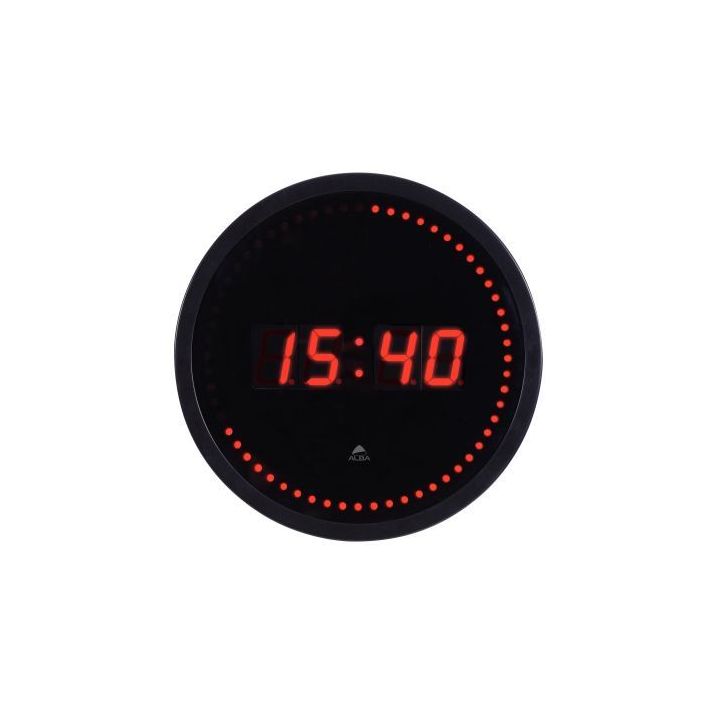 ALBA Horloge à  led Horled cadre plastique Noir lentille en verre D30cm affichage numérique Rouge à  quartz