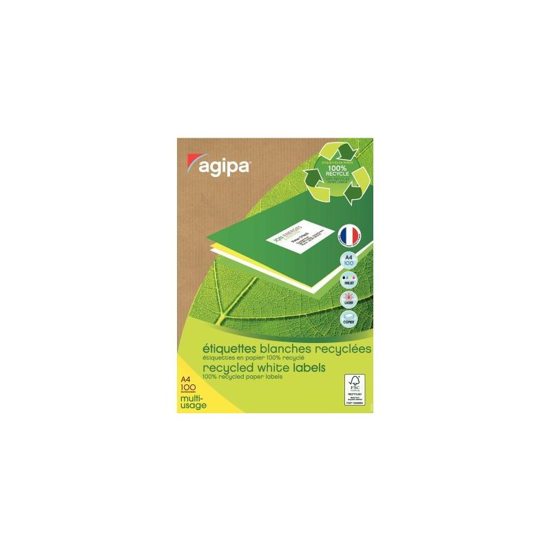 Achetez AGIPA Boite de 100 étiquettes blanches 100% recyclées 210x297mm - laser copieur et jet d'e.. Achetez AGIPA Boite de 100 étiquettes blanches 100% recyclées 210x297mm - laser copieur et jet d'e..