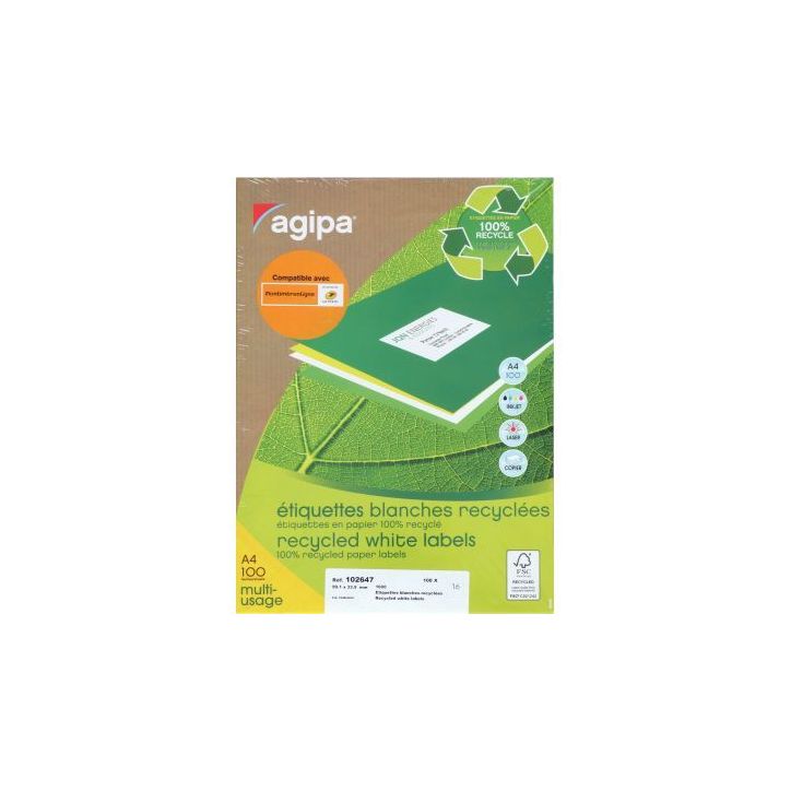 Boîte de 1600 étiquettes multi-usages blanches recyclées 99,1x33,9mm 000102647 AGIPA