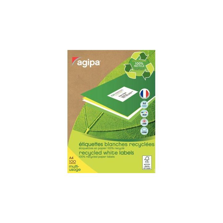 AGIPA Boite de 1400 étiquettes blanches 100% recyclées 99.1x38.1mm - laser copieur et jet d'encre 101196