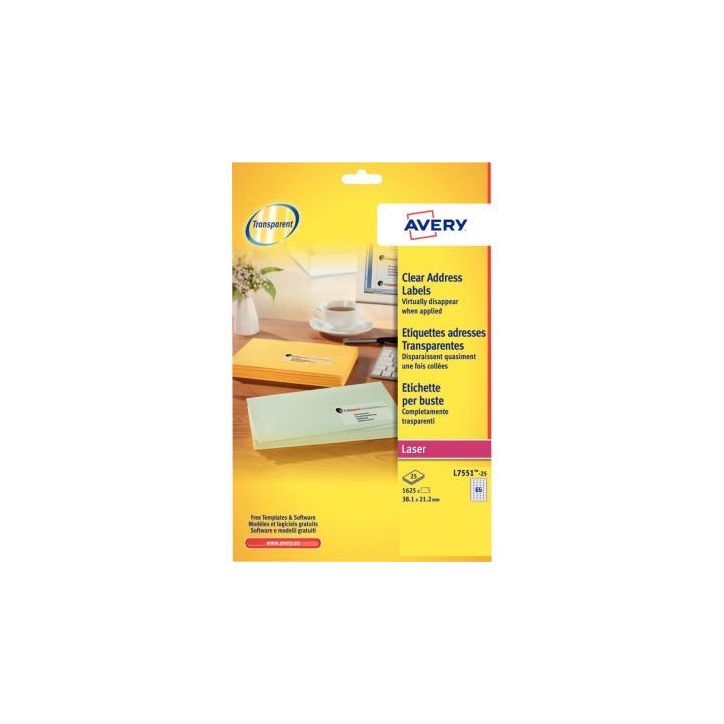 Pochette de 1625 étiquettes transparentes laser 38,1x21,2mm L7551-25 AVERY