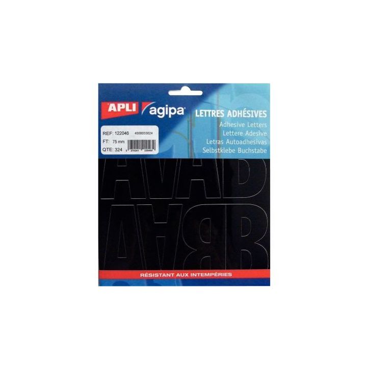 Pochette de 324 lettres adhésives 75mm coloris noir 122046 APLI