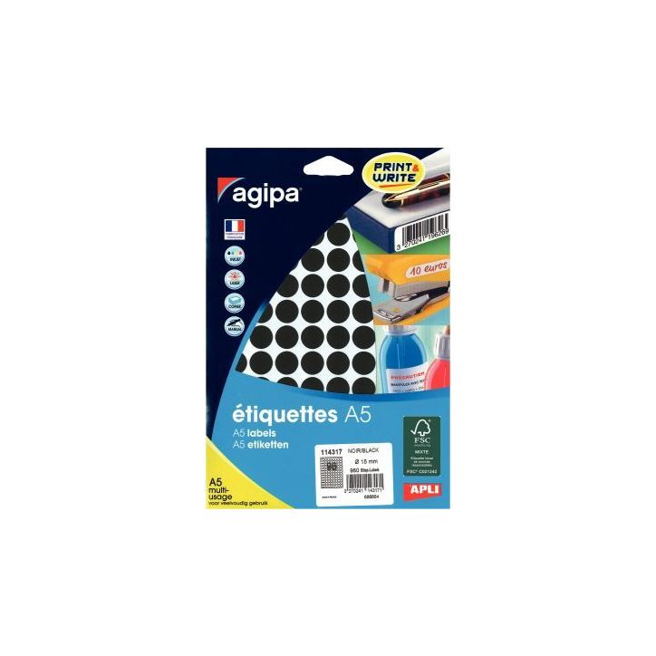 Etui de 960 pastilles adhésives diamètre 15 mm noir 114317 AGIPA