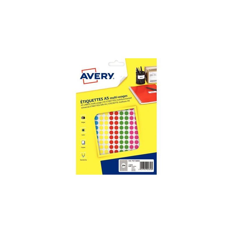 Achetez Etui de 2 058 disques adhésifs 8mm assortis PET08MX AVERY pas cher sur Ma Rentrée Scolaire