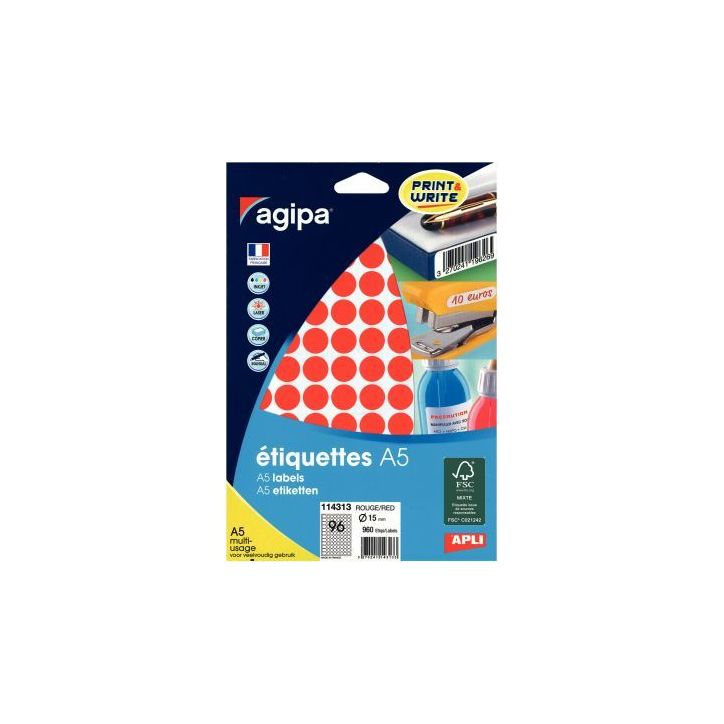 Etui de 960 pastilles adhésives diamètre 15 mm rouge 114313 AGIPA