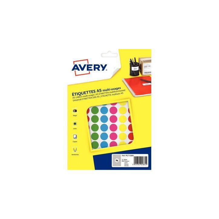 Etui de 672 disques adhésifs 15mm assortis PET15MX AVERY