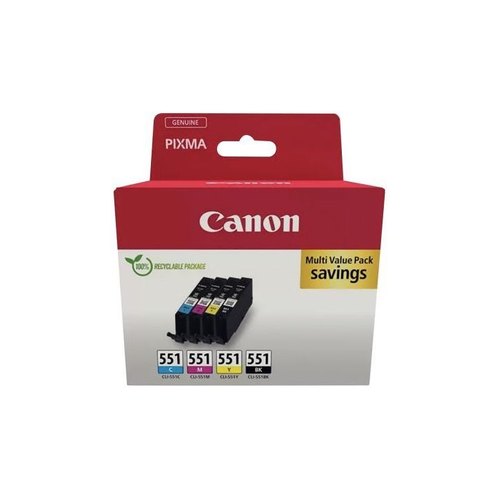 Canon 551 pack de 4 cartouches jet d'encre noire, cyan, magenta et jaune authentique (CLI551CMJ) 551 CASPI6509(...)