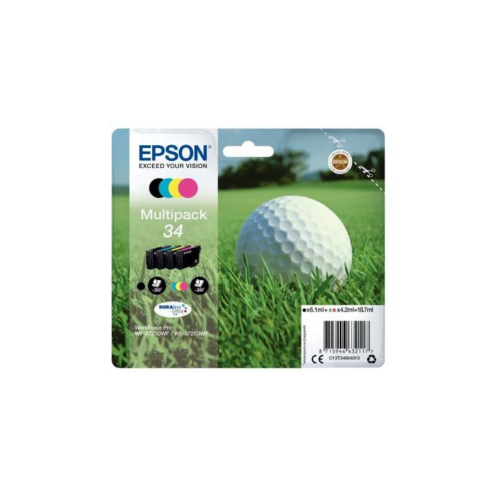 Lot de 4 cartouches jet d'encre à la marque Epson T346640 noir cyan magenta et jaune Balle de golf C13T346640(...)