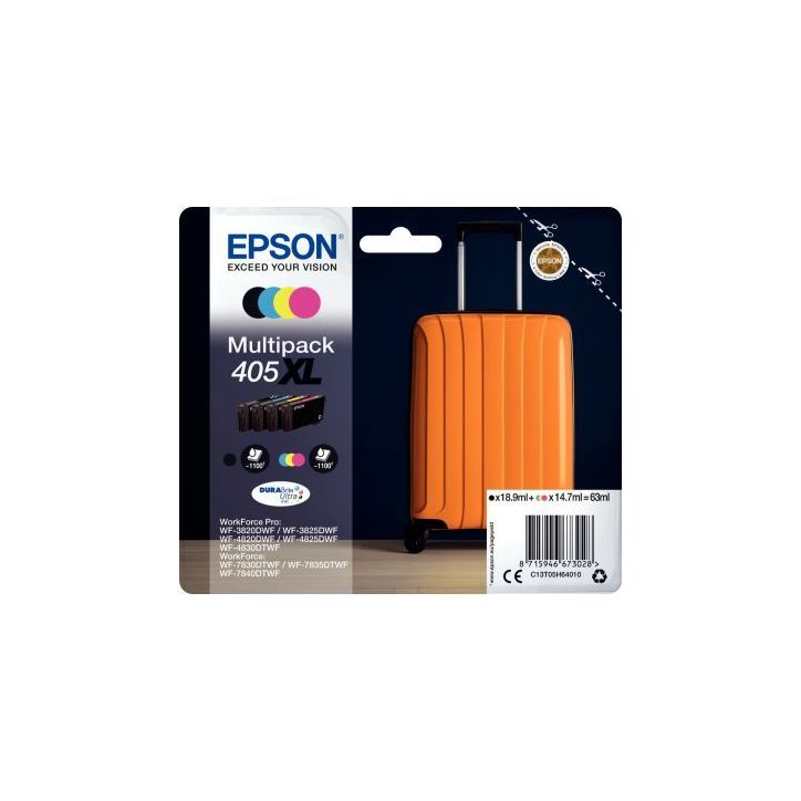 Lot de 4 cartouches jet d'encre à la marque Epson T05H640 noir cyan magenta jaune haute capacité Valise C13T(...)