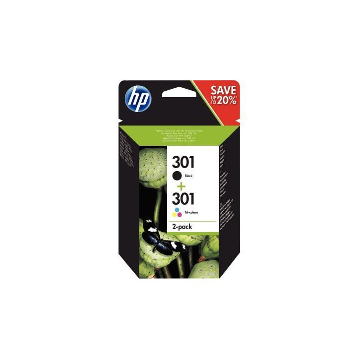 HP 301 Pack de 2 Cartouches d'Encre Noire et Trois Couleurs Authentiques (N9J72AE)