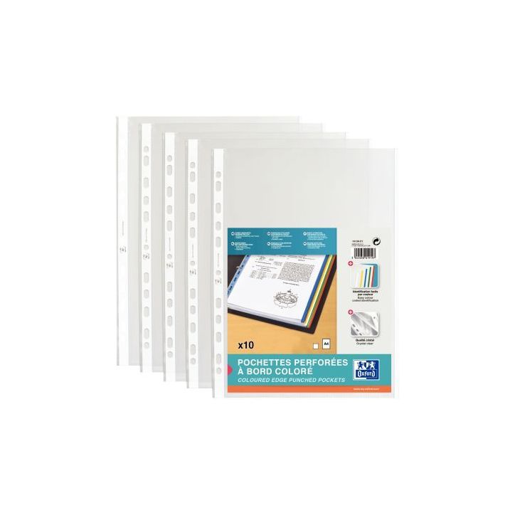 Sachet de 10 pochettes perforées en polypropylène 9/100ème format A4 bords couleur blanc 100206872 HAMELIN
