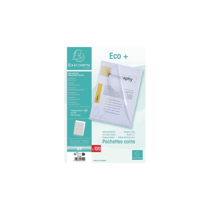Sachet de 100 pochettes coin en polypropylène 9/100ème incolore 57120E EXACOMPTA