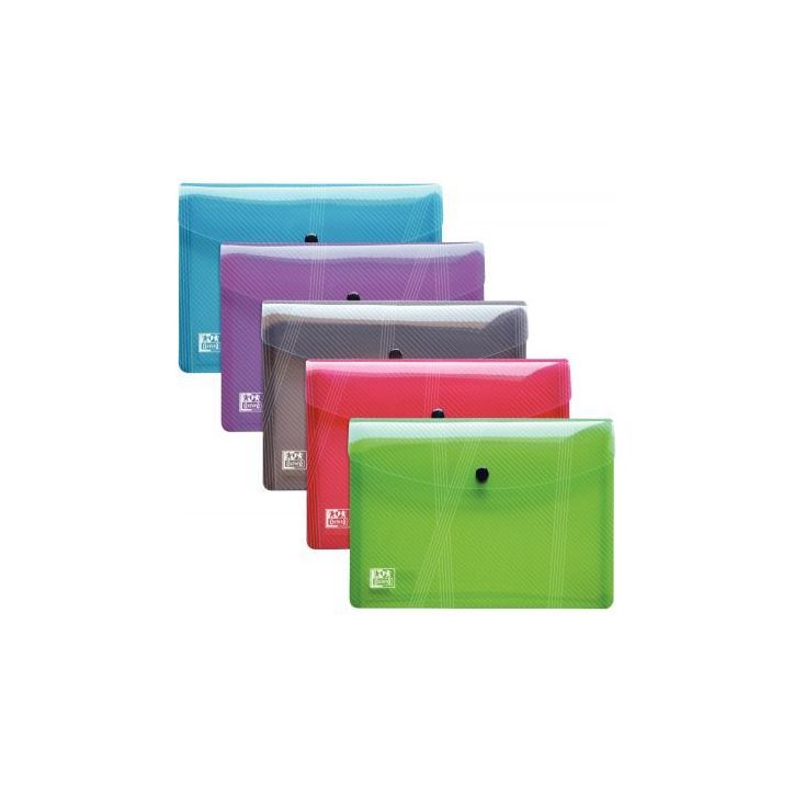 Paquet de 5 enveloppes en polypropylène pour format A5 fermeture par bouton pression couleurs assorties 40003