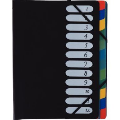 Achetez Trieur en polypropylène 12 compartiments, fermeture par élastiques, couverture coloris noi..