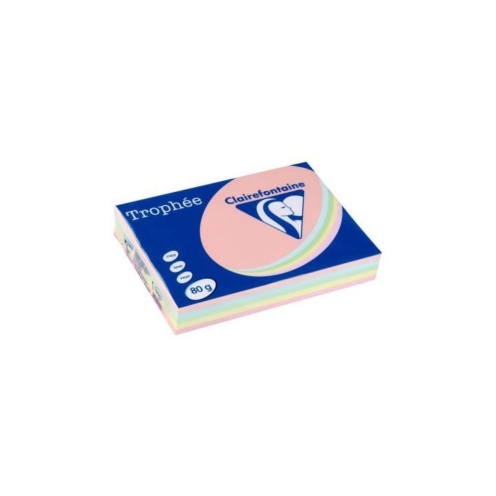 CLAIREFONTAINE Ramette 5x100F papier couleur Trophée 80g A3 assortis pastel Rose,canari,vert,Bleu,Saumon