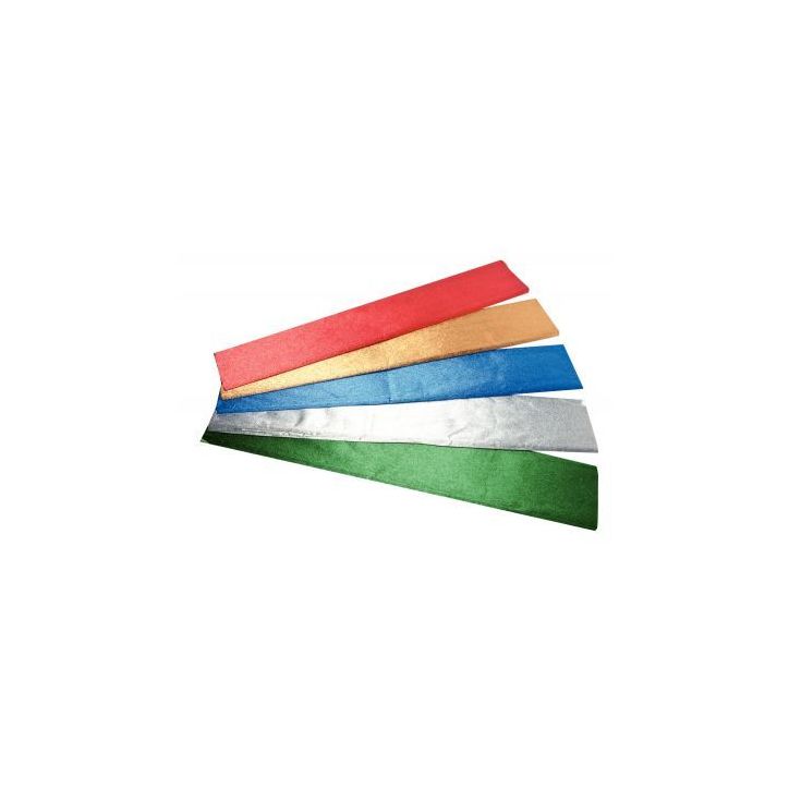 Paquet de 5 feuilles de crépon métallisé 250x50 cm  assortis : Or, argent, bleu métal, rouge métal, vert (...)