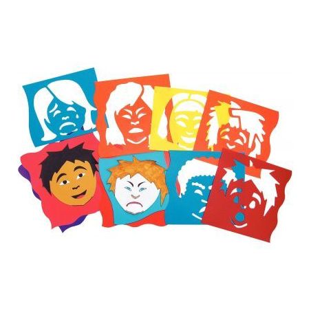 Achetez Lot de 6 pochoirs en plastique, les émotions du visage 1314693 pas cher sur Ma Rentrée Sco..