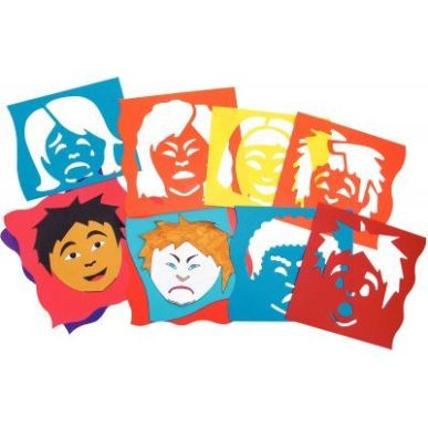 Achetez Lot de 6 pochoirs en plastique, les émotions du visage 1314693 pas cher sur Ma Rentrée Sco..