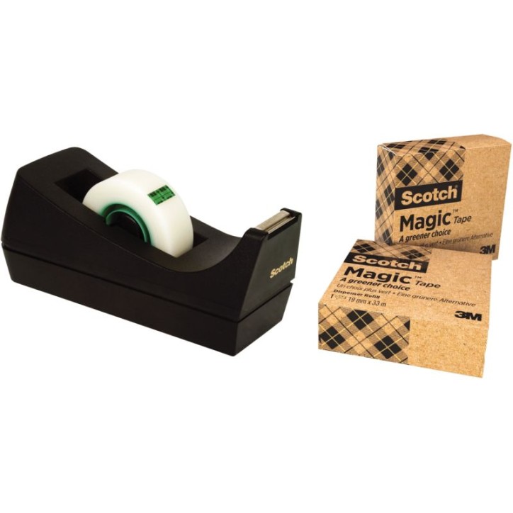 Pack dévidoir C38 NOIR en plastique recyclé + 3 rouleaux d'adhésifs invisibles Scotch Magic Green L1188 SCO(...)